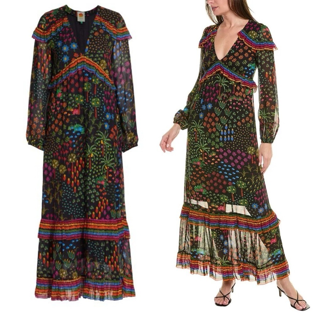 Farm Rio Fruit Garden Maxi Dress Long sleeve chiffon tropical palm print M